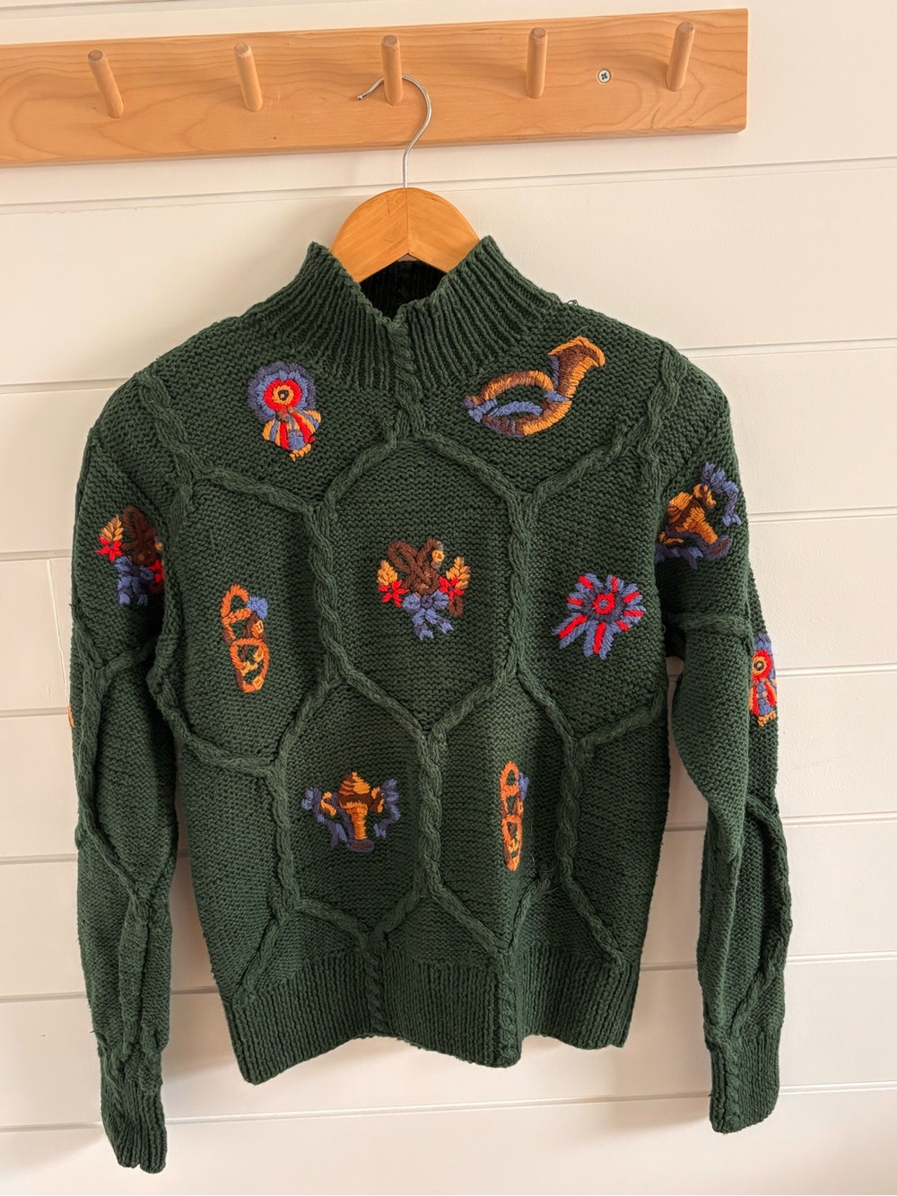 Vintage 90s Susan Bristol Cotton Embroidered Cable Knit Sweater Green Med
